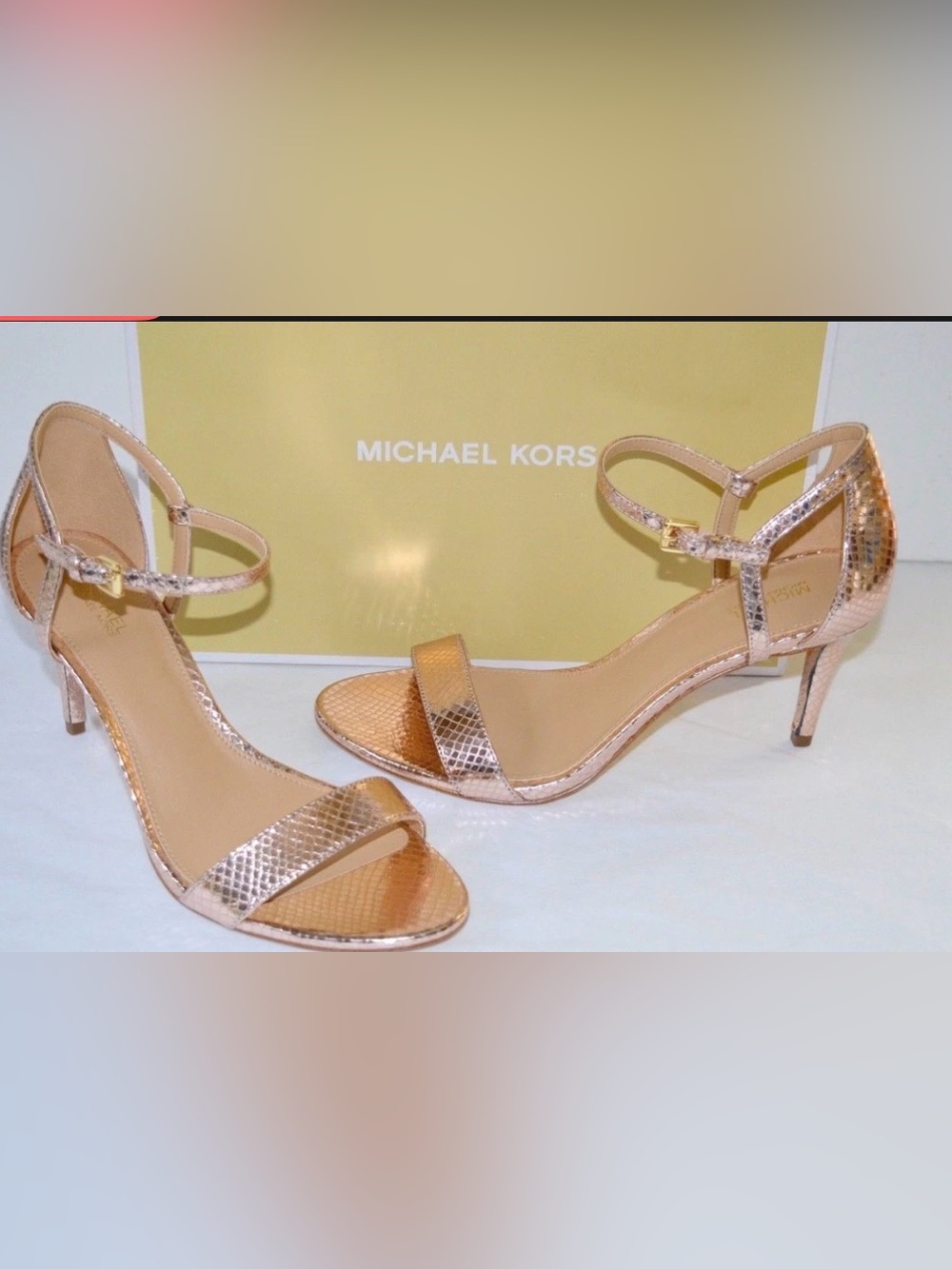 Michael Kors Rose Gold Snake-Embossed Ankle-Strap Heels